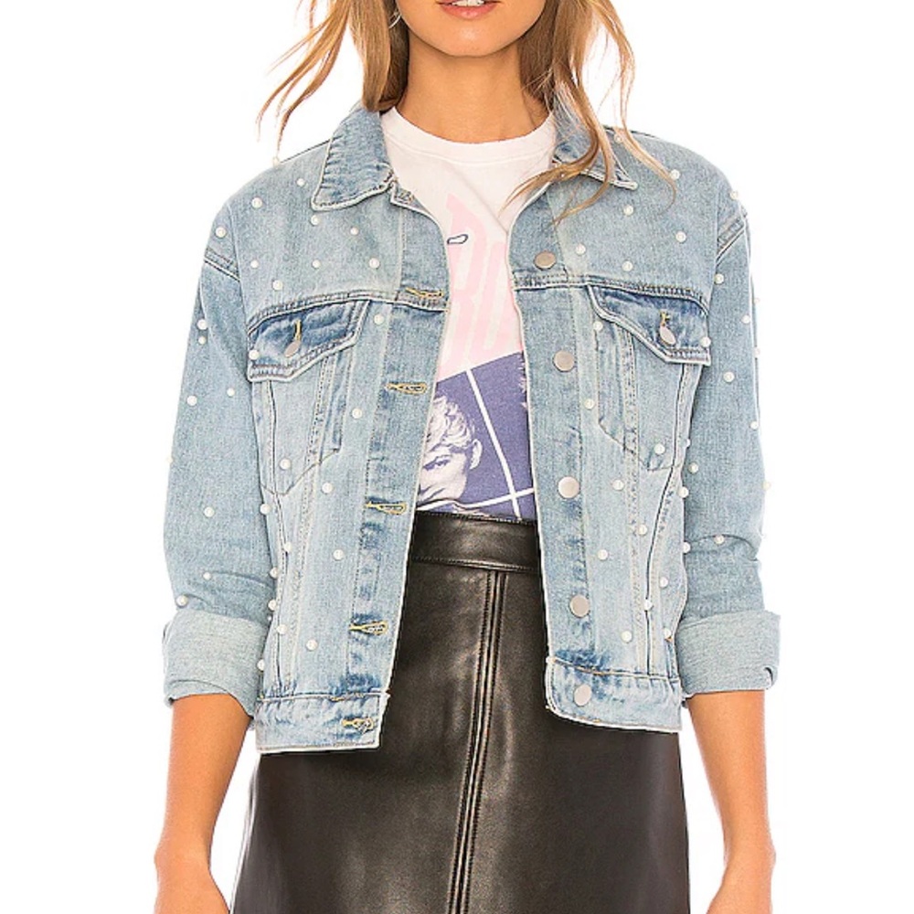 Superdown Light Blue Denim Jacket with Pearls